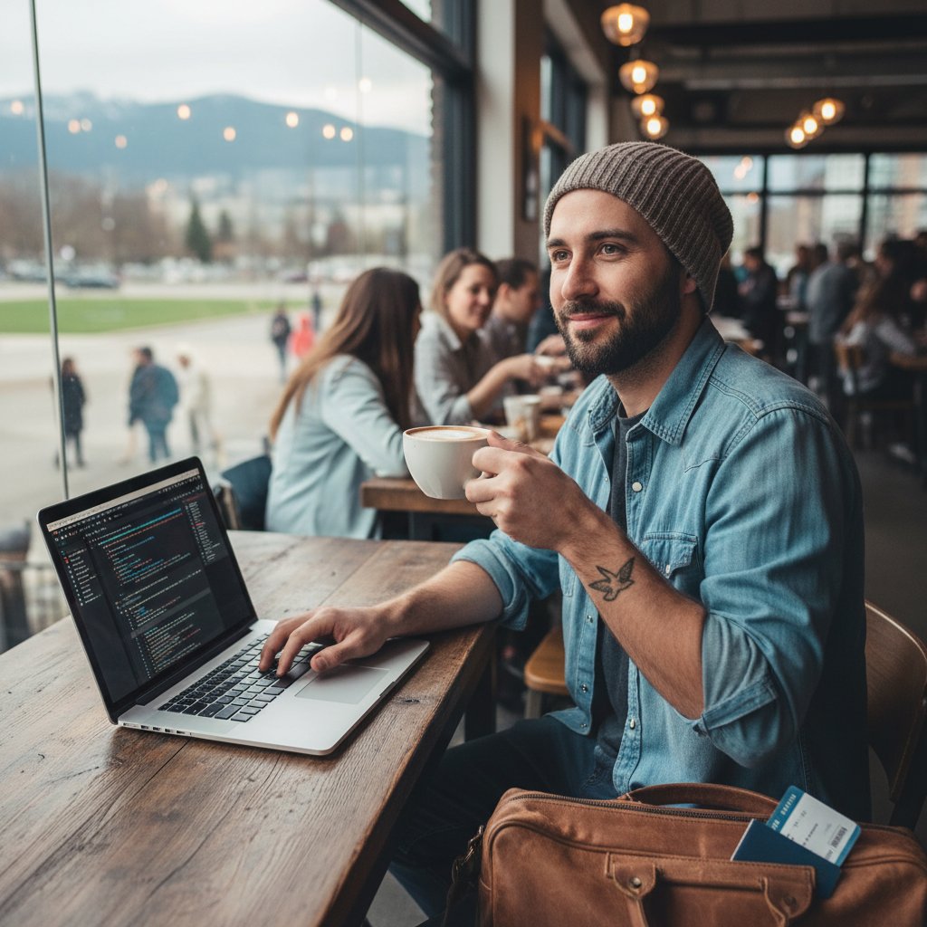 Mężczyzna-programista pracujący przy laptopie w kawiarni, atmosfera swobody i spokoju