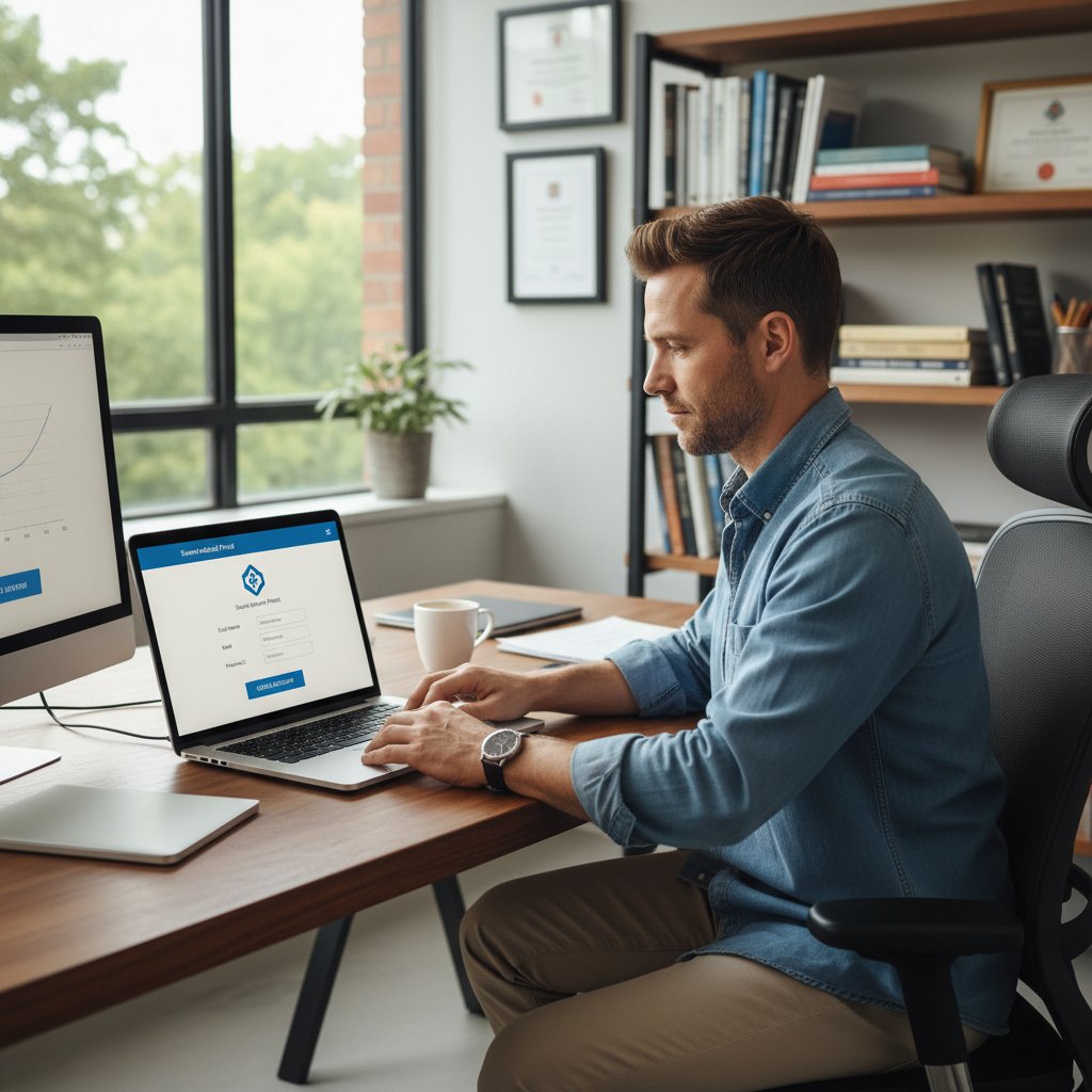 Mężczyzna rejestrujący się na platformie medycznej na laptopie w domowym biurze, słowa kluczowe: rejestracja online, konsultacja zdrowotna, porada lekarska zdalnie