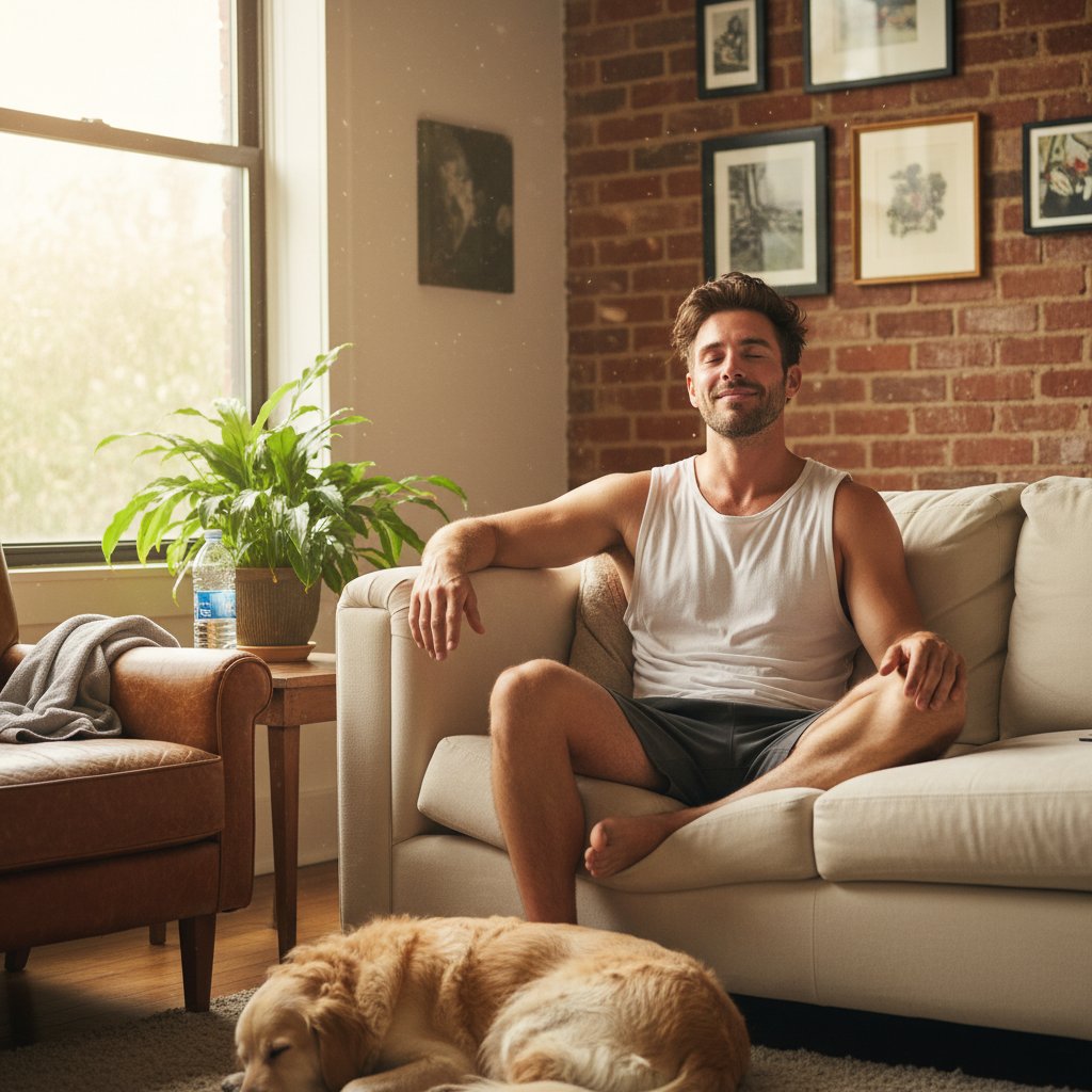 Mężczyzna odpoczywający po treningu z uśmiechem, efekt endorfin