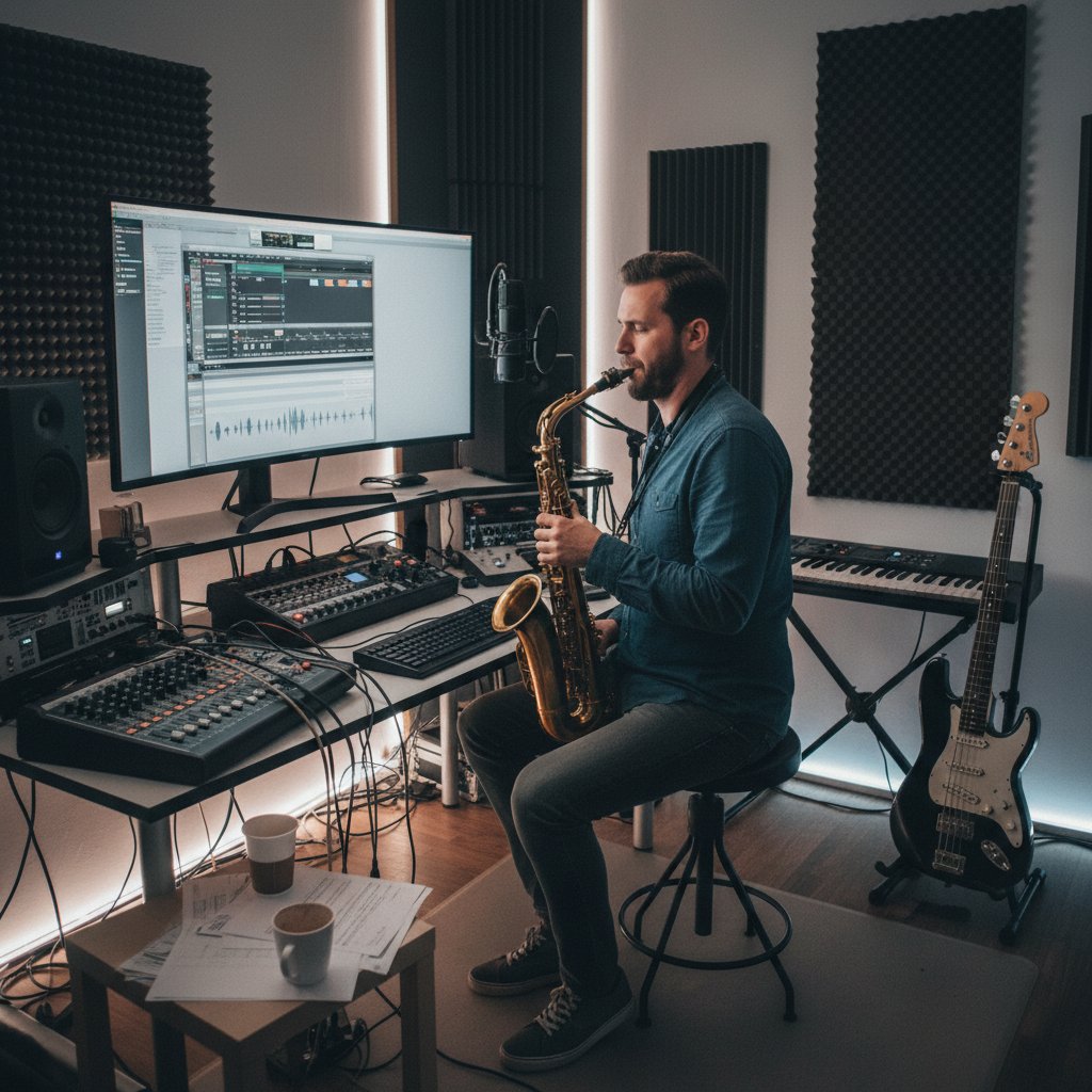 Mężczyzna z saksofonem w domowym studio, komputer obok, nauka saksofonu online