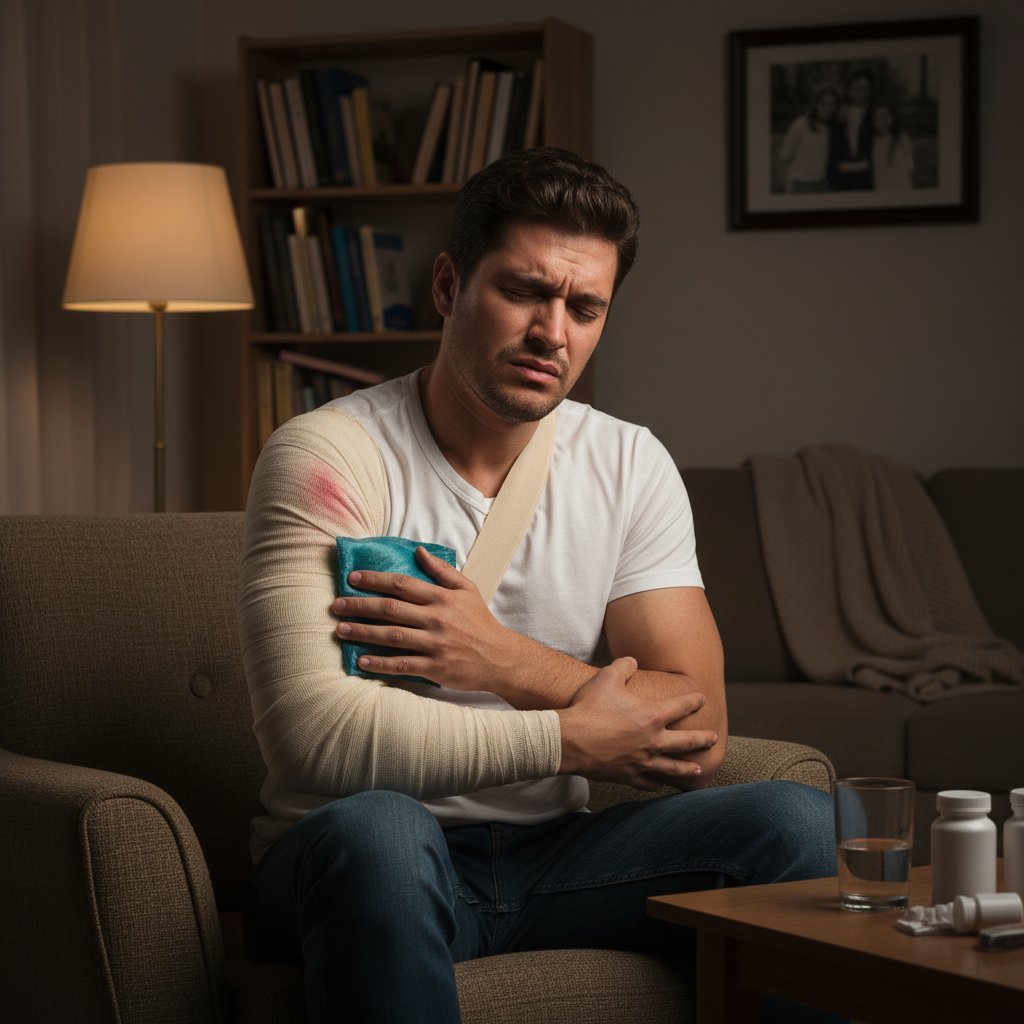 Mężczyzna z bandażem na barku siedzący w domowym zaciszu, ból barku