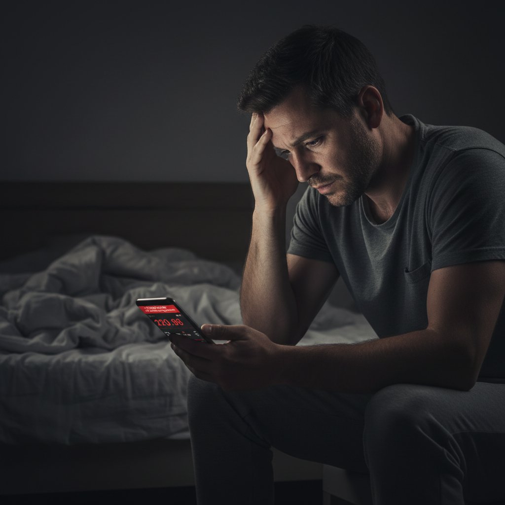 Mężczyzna siedzący samotnie w ciemnym pokoju, wpatrzony w ekran smartfona z aplikacją do monitoringu cukrzycy – stres i uzależnienie cyfrowe