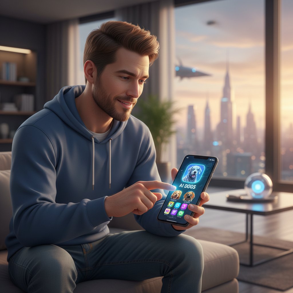 Mężczyzna analizujący aplikacje na smartfonie, na ekranie różne symulatory psów AI | wybór aplikacji