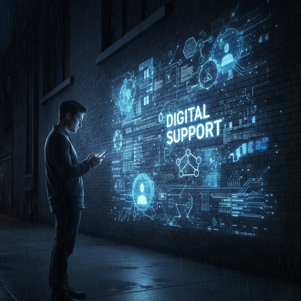 Mężczyzna siedzi w półmroku z telefonem w dłoni, ekran świeci, na twarzy ulga i skupienie - symbol cyfrowego wsparcia