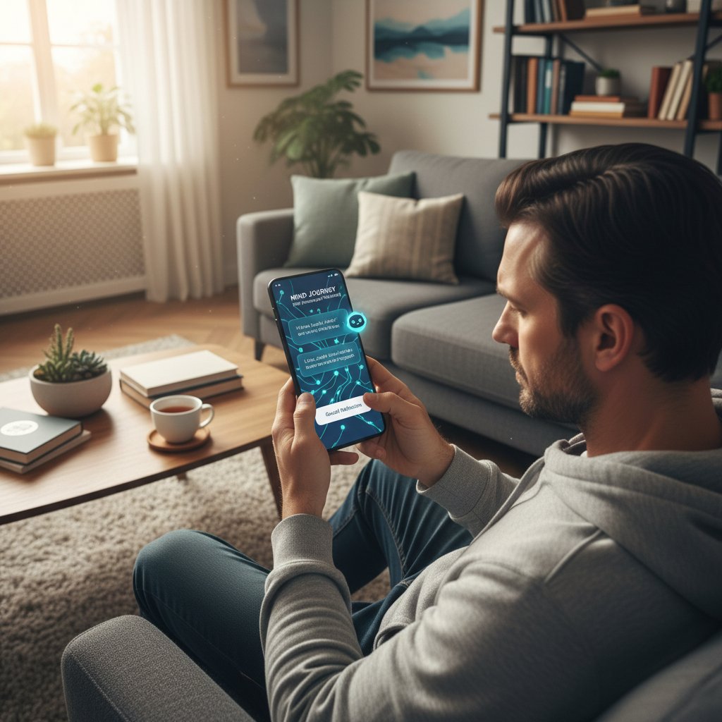 Mężczyzna korzystający z aplikacji psychologicznej na smartfonie — wsparcie AI w codziennym życiu