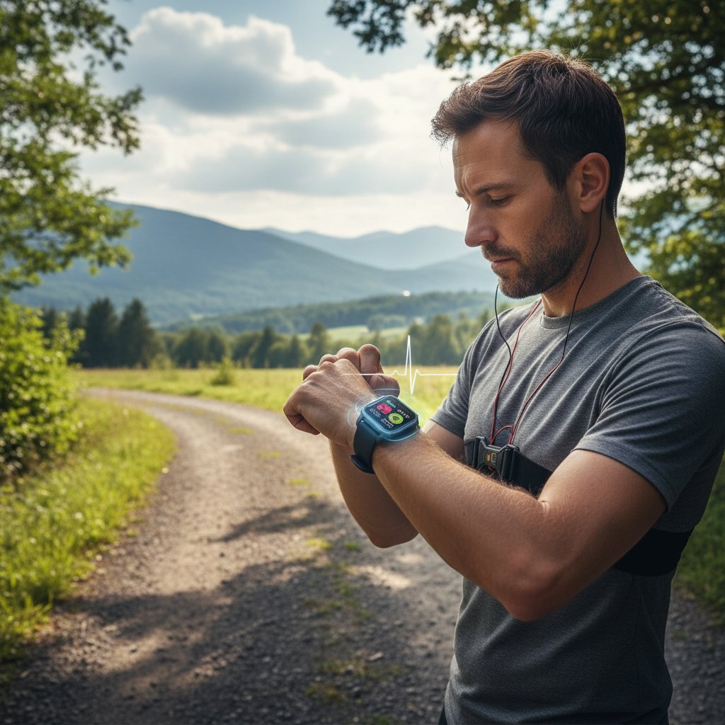 Mężczyzna sprawdzający wyniki na smartwatchu, nowoczesna technologia, profilaktyka zdrowotna