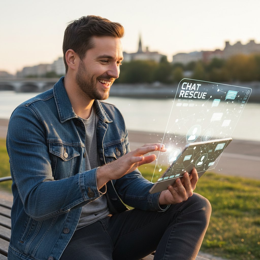 Mężczyzna uśmiecha się do ekranu po uratowaniu rozmowy kreatywną techniką