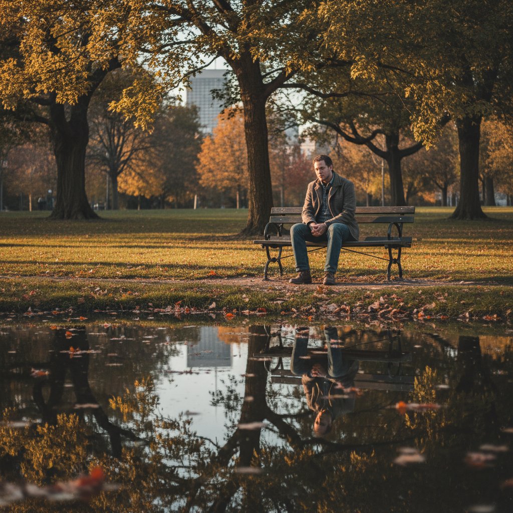 Mężczyzna z widocznym zezem samotnie spacerujący po parku, atmosfera zadumy i refleksji