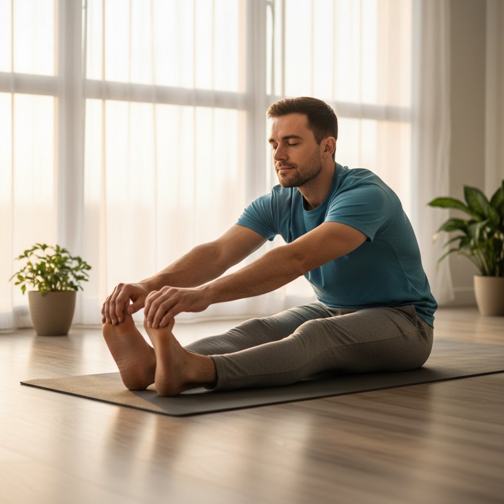 Mężczyzna wykonujący ćwiczenia rozciągające w domu, symbolizujący techniki kontroli wytrysku