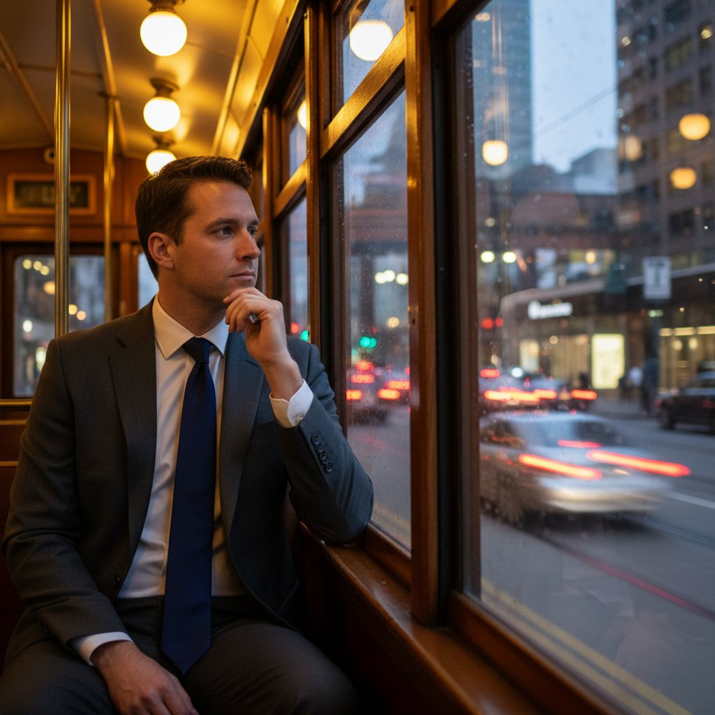 Mężczyzna w garniturze w tramwaju, patrzący w okno, zamyślona mina, miasto wieczorem