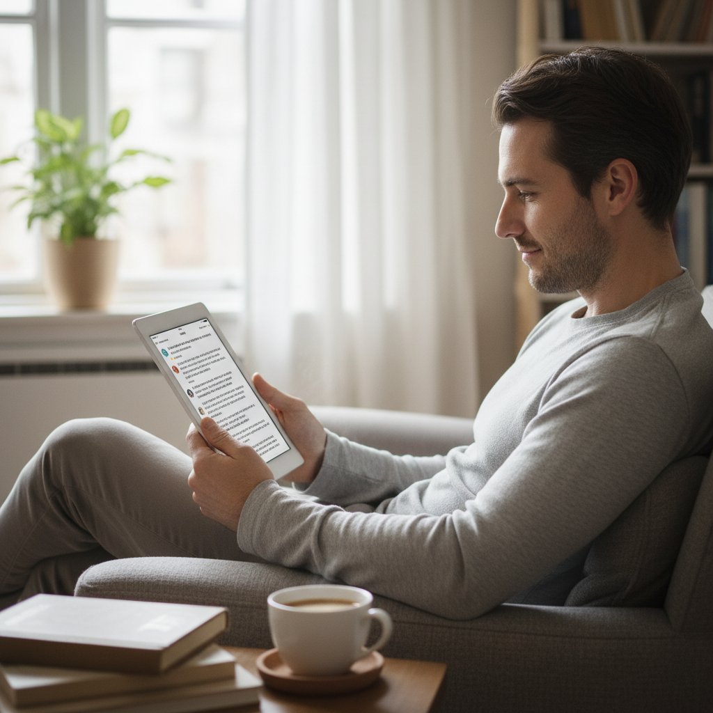 Mężczyzna przeglądający recenzje aplikacji na tablecie, domowa atmosfera, kawa na stole