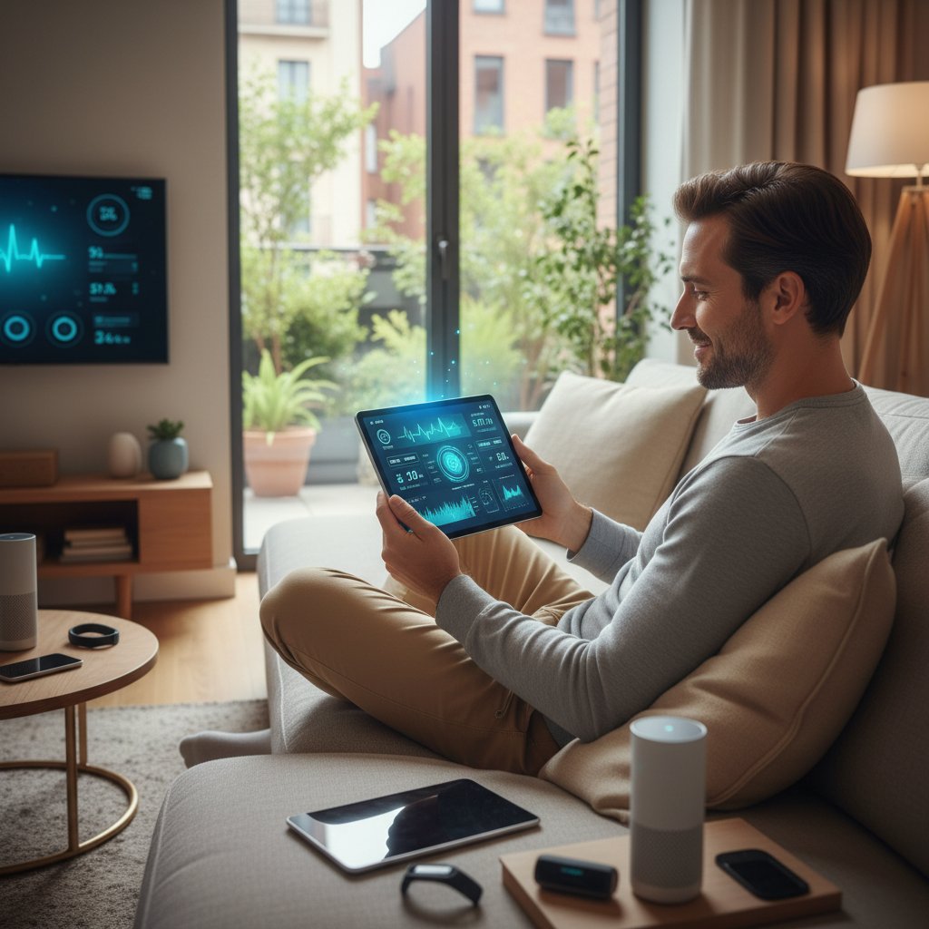 Mężczyzna korzystający z tabletu w domu, analiza danych zdrowotnych, technologia