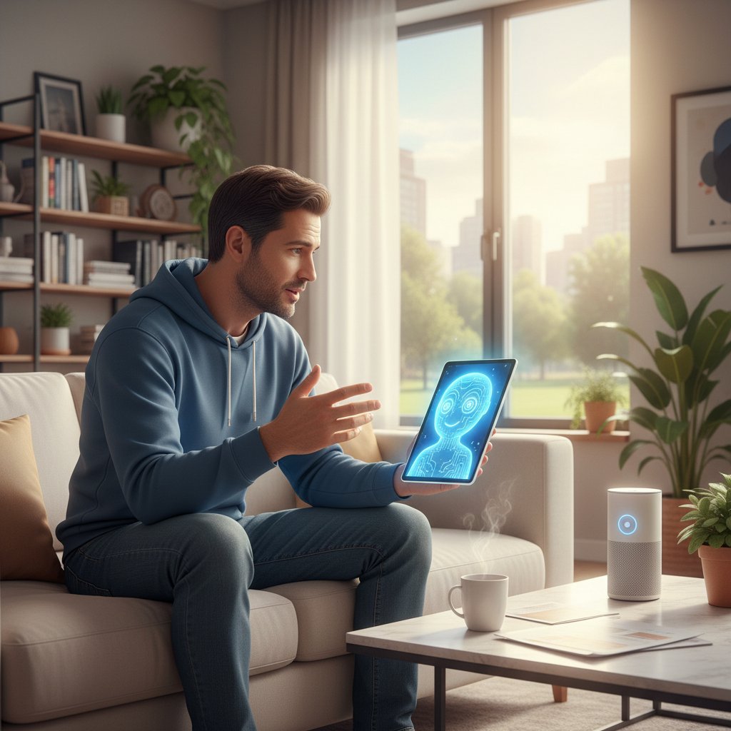 Mężczyzna rozmawia z AI symulującym znaną postać w domowym zaciszu