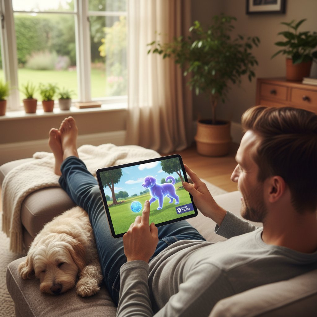 Mężczyzna korzysta z aplikacji wirtualnego pieska w mieszkaniu, technologia i opieka nad psem online