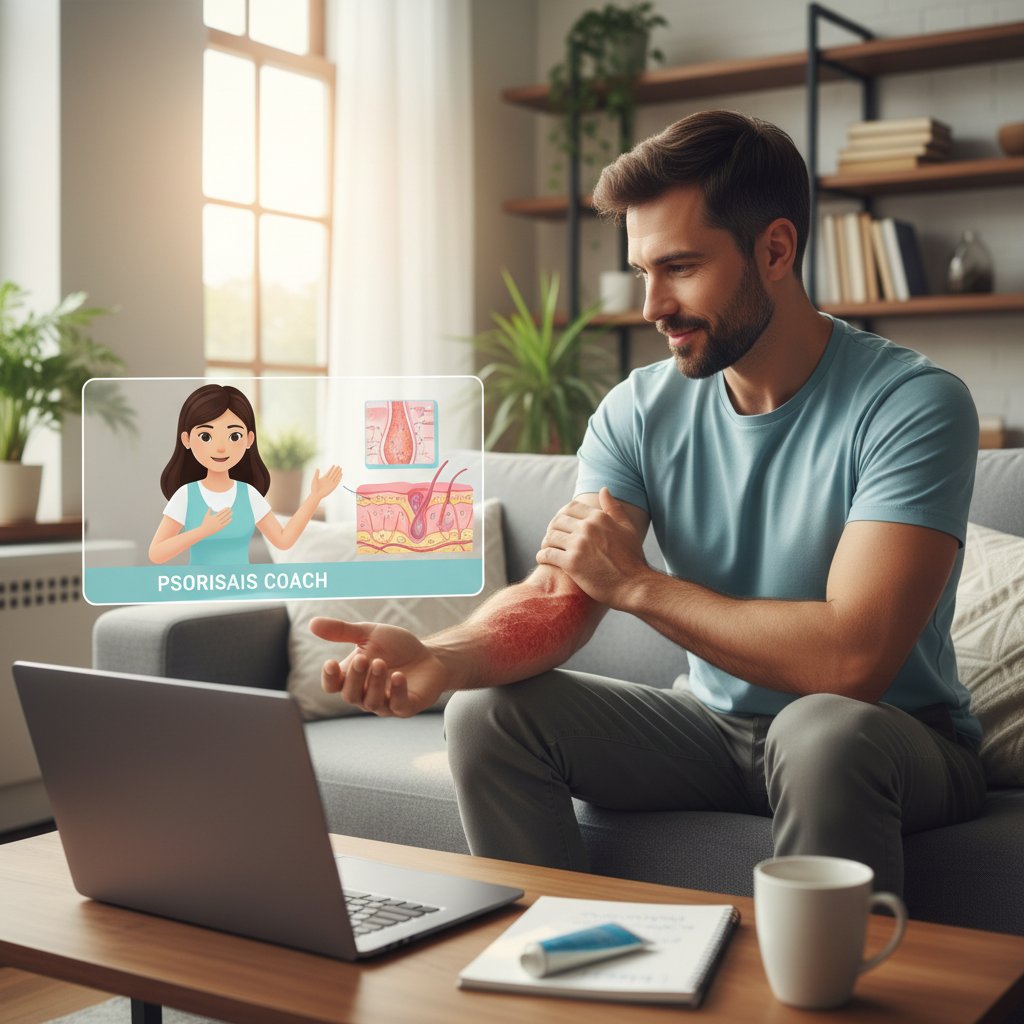 Mężczyzna konsultujący się z wirtualnym asystentem zdrowotnym na laptopie, wyświetlona analiza skóry, domowa atmosfera