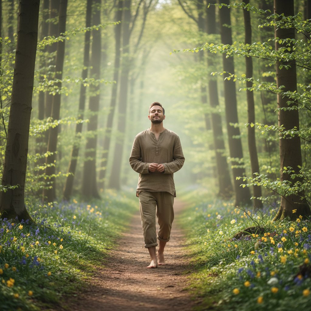 Mężczyzna spaceruje w lesie, skupiony na otoczeniu, wiosenna scena, spokój