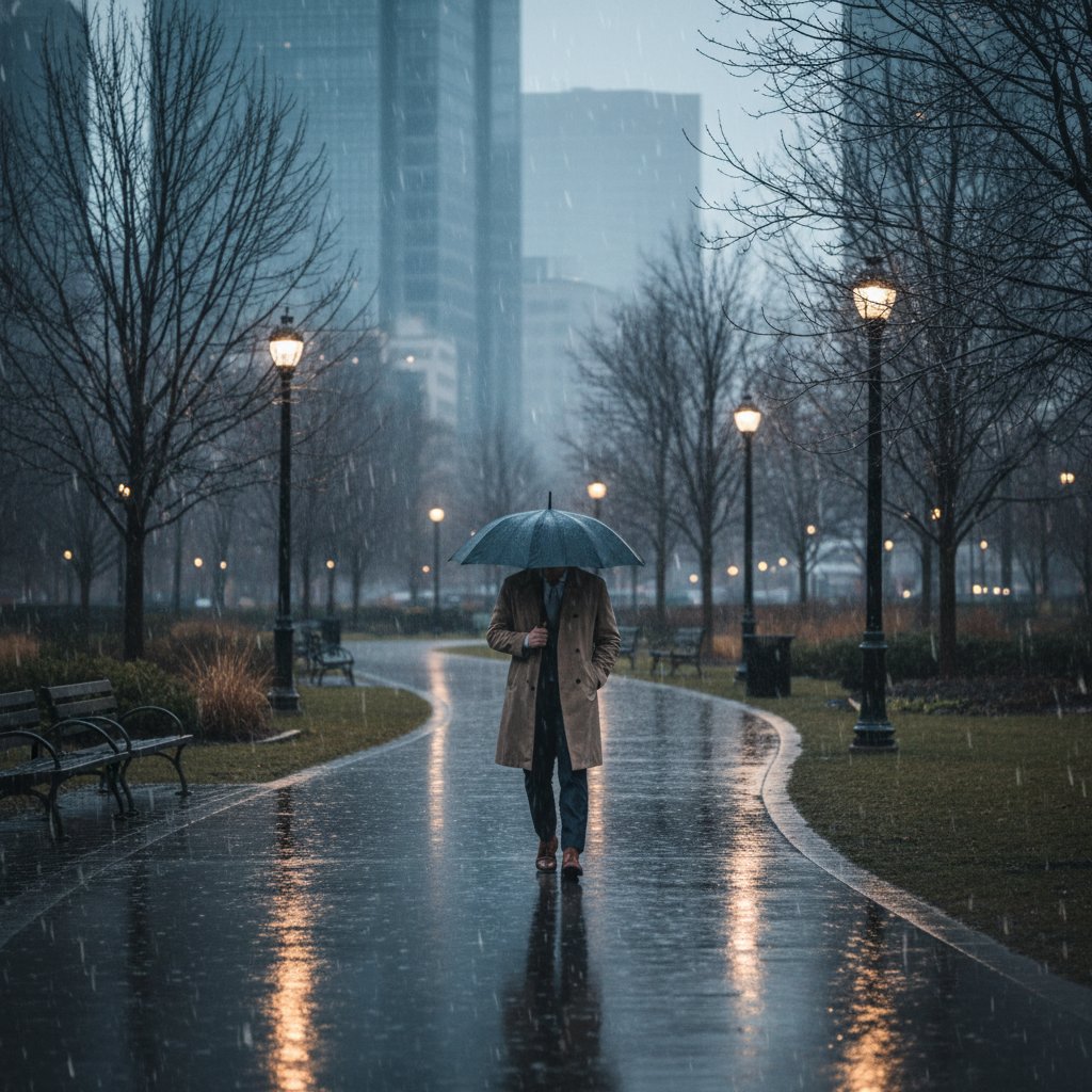 Mężczyzna spacerujący po parku miejskim podczas deszczu, symbolizujący mikro-zmiany w codzienności