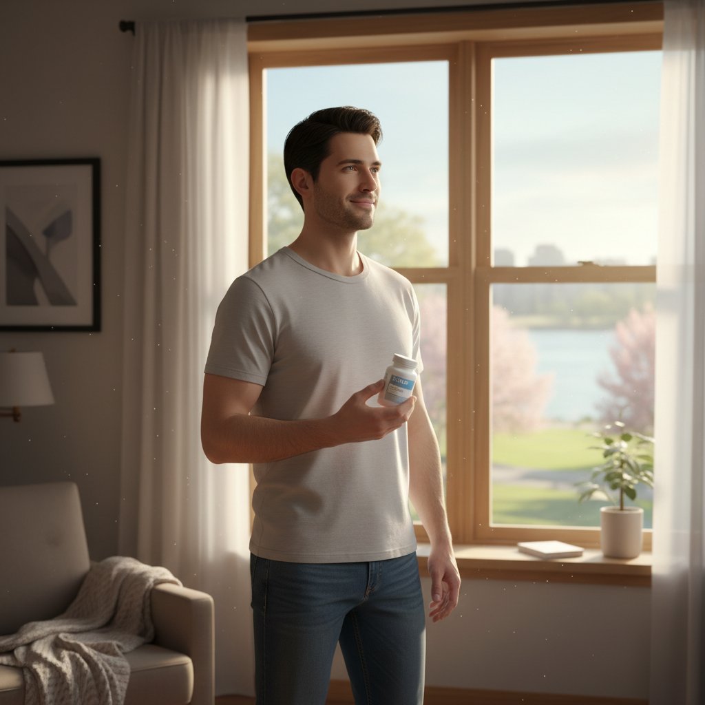 Mężczyzna patrzący przez okno, światło poranka, uśmiech, poczucie ulgi i nowego początku