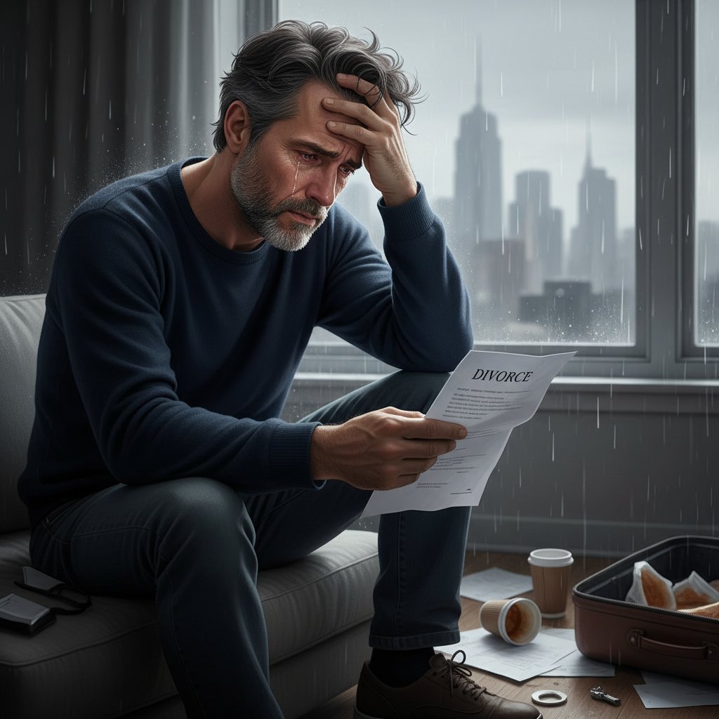 Mężczyzna patrzący w okno, zamyślony, wyraźnie zmęczony stresem rozwodowym