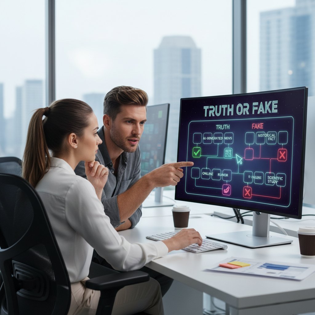 Mężczyzna i kobieta żywo dyskutujący nad komputerem w domowym muzeum, za nimi plansza „prawda czy fałsz?”