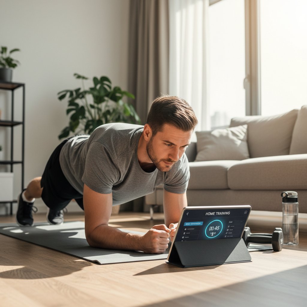 Mężczyzna ćwiczący z aplikacją na smartfonie, plan treningowy, domowe warunki