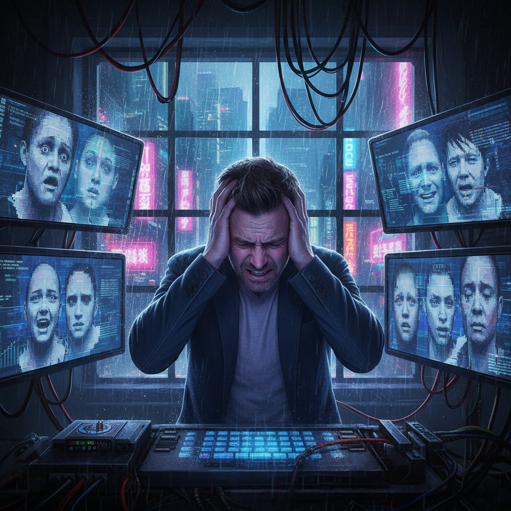 Mężczyzna patrzący z niepokojem na szereg monitorów z losowymi kodami i twarzami AI, półmrok, cyberpunkowy motyw