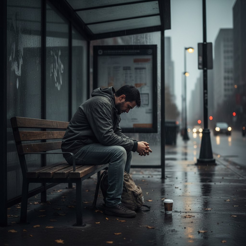 Zdjęcie mężczyzny siedzącego samotnie na przystanku – ilustracja zmagania z depresją i terapią