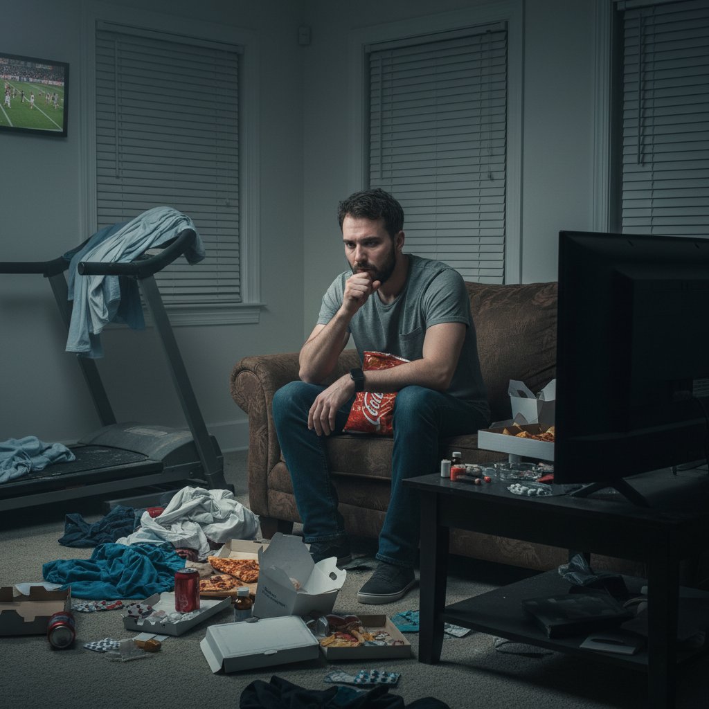 Zamyślony mężczyzna siedzący samotnie w domu, symbol ignorowania własnego zdrowia