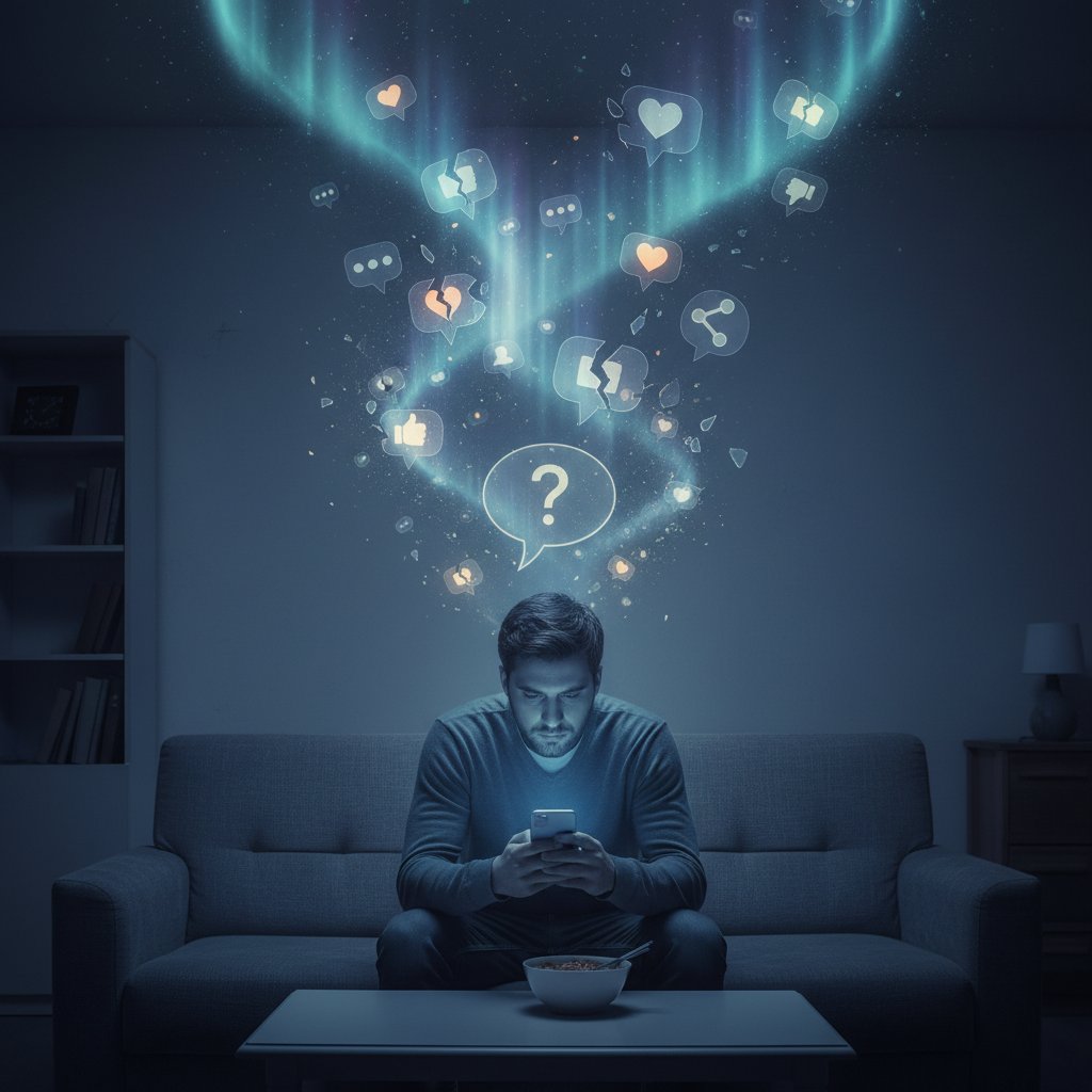 Mężczyzna siedzący samotnie z telefonem, zamyślony, cyfrowe symbole wiadomości unoszą się w powietrzu, słowa kluczowe: samotność online, rozmowa AI