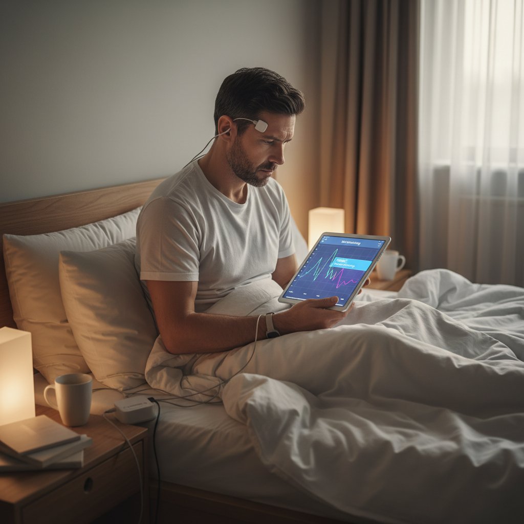 Mężczyzna analizujący wykres snu na tablecie, siedząc na łóżku, technologia monitorująca REM