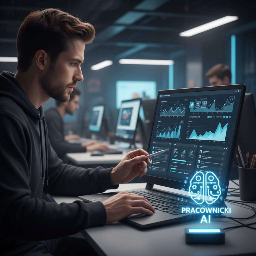 Człowiek analizujący narzędzia do automatyzacji social media na ekranie laptopa, z widocznym logo pracownicy.ai