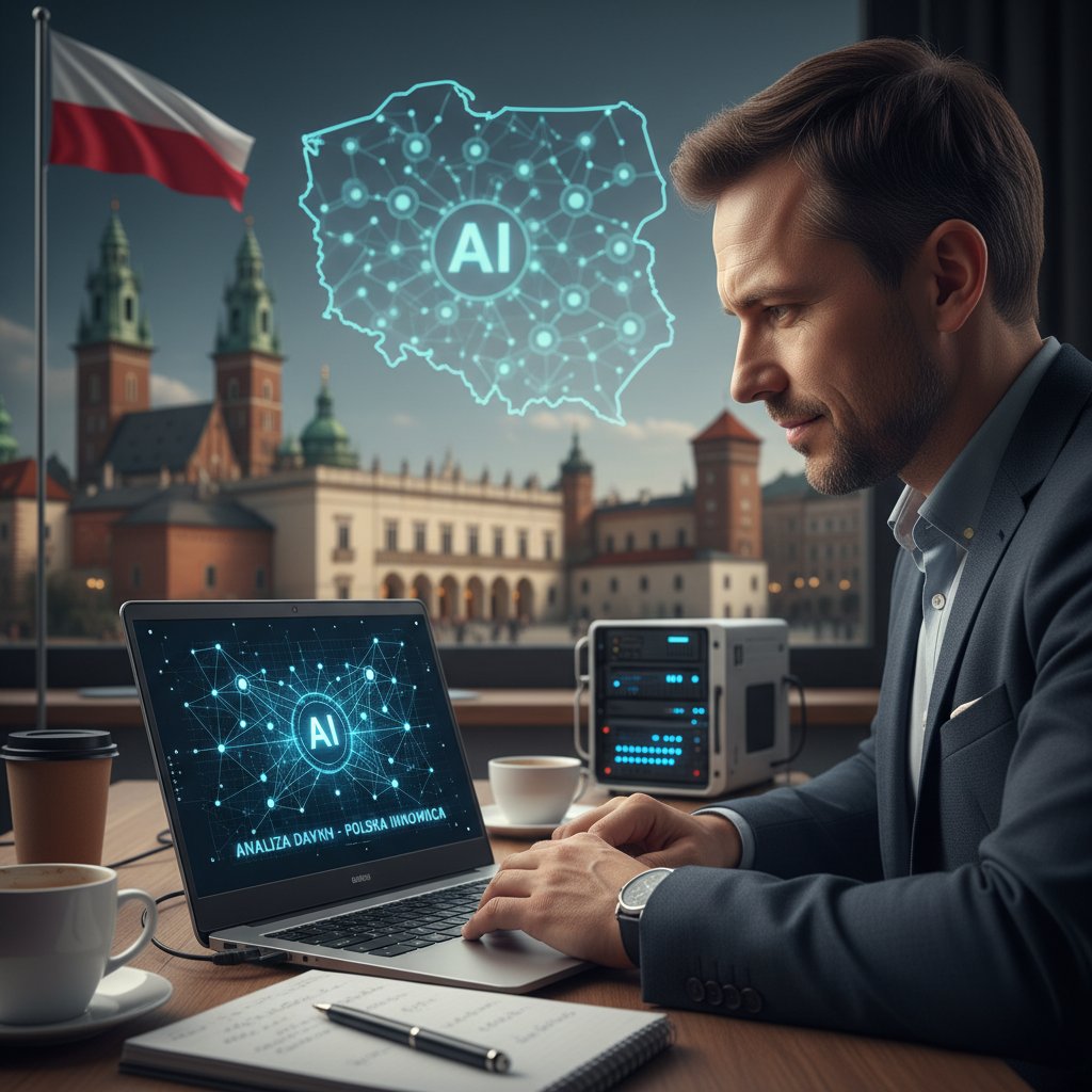 Mężczyzna analizujący informacje na ekranie laptopa – weryfikacja AI w praktyce