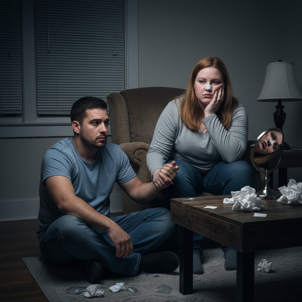 Mężczyzna i kobieta rozczarowani po zabiegu medycyny estetycznej, zdjęcie w domu, smutna atmosfera