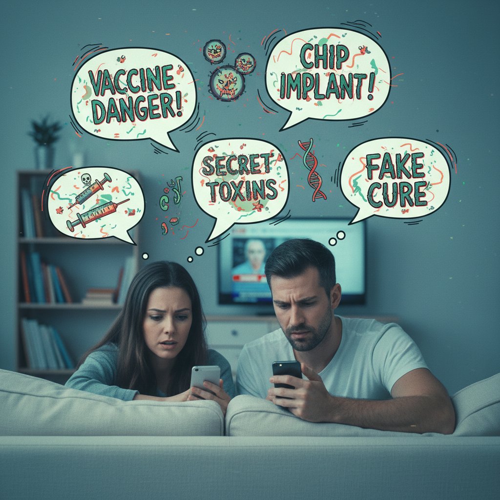 Mężczyzna i kobieta patrzący w ekrany smartfonów, wokół nich "dymki" z fake newsami o szczepieniach, słowa kluczowe: odczyny poszczepienne, dezinformacja