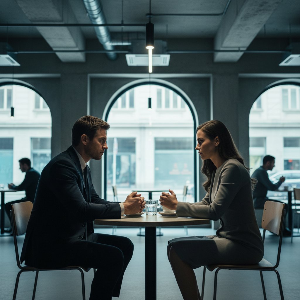 Kobieta i mężczyzna przy stoliku w kawiarni, wyczuwalne napięcie, oczekiwania a rzeczywistość