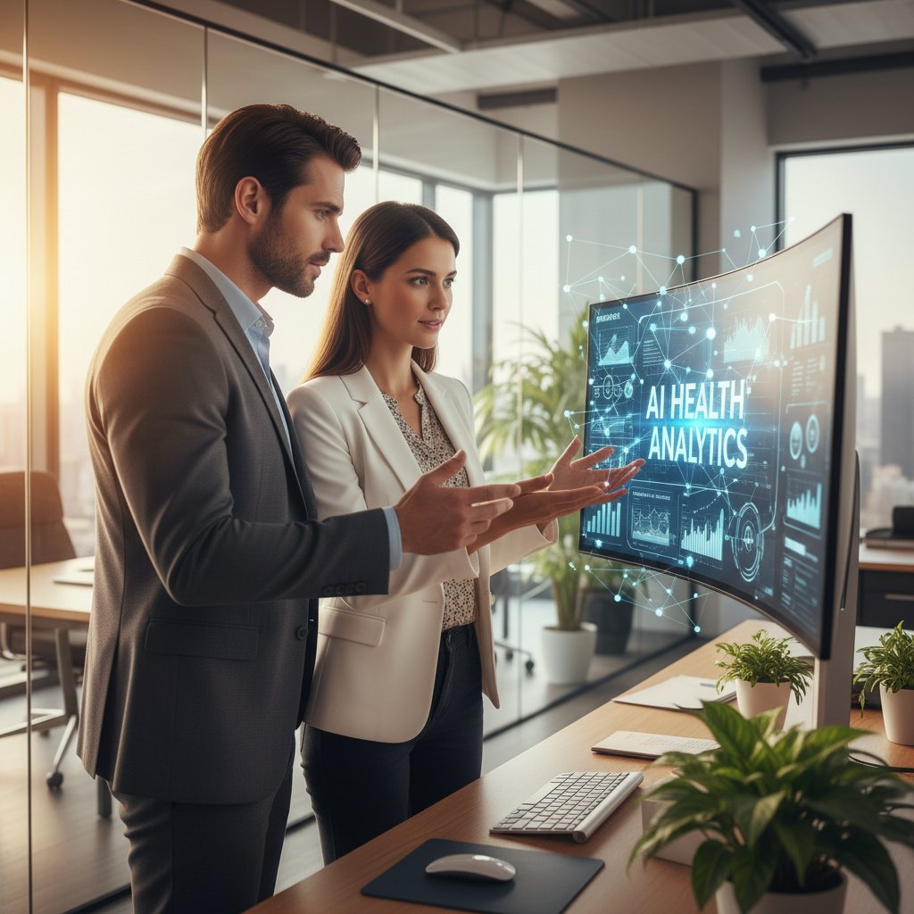 Mężczyzna i kobieta patrzący na ekran komputera z wykresem zdrowotnym, nowoczesne biuro, słowa kluczowe: AI, zdrowie, współpraca, nowoczesność