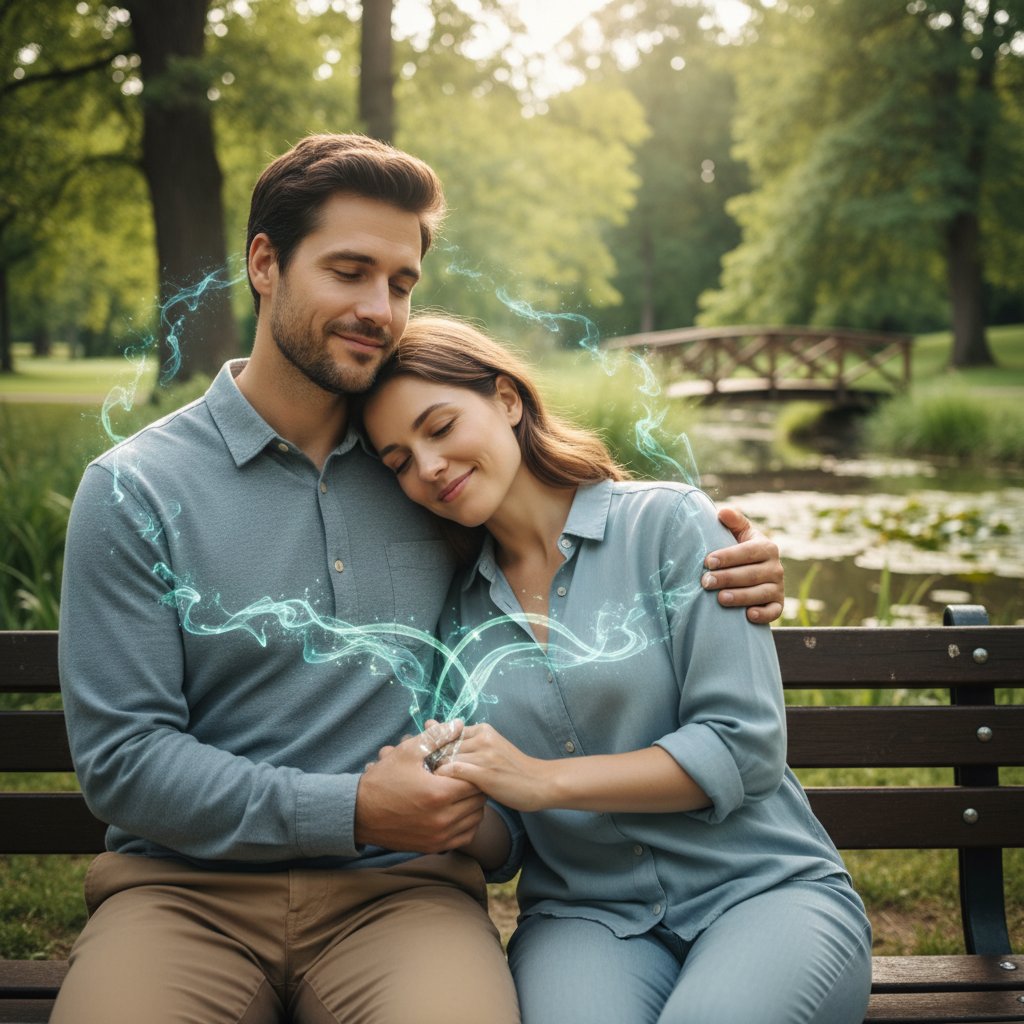 Mężczyzna i kobieta siedzący obok siebie, zamyśleni, światło dzienne wpada przez okno, słowa kluczowe: zdrowie psychiczne, relacje, synergia