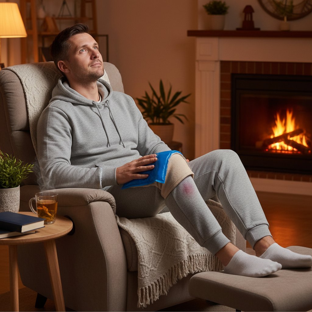 Mężczyzna przykładający żelowy kompres na kolano, domowa termoterapia na uraz, relaks w salonie