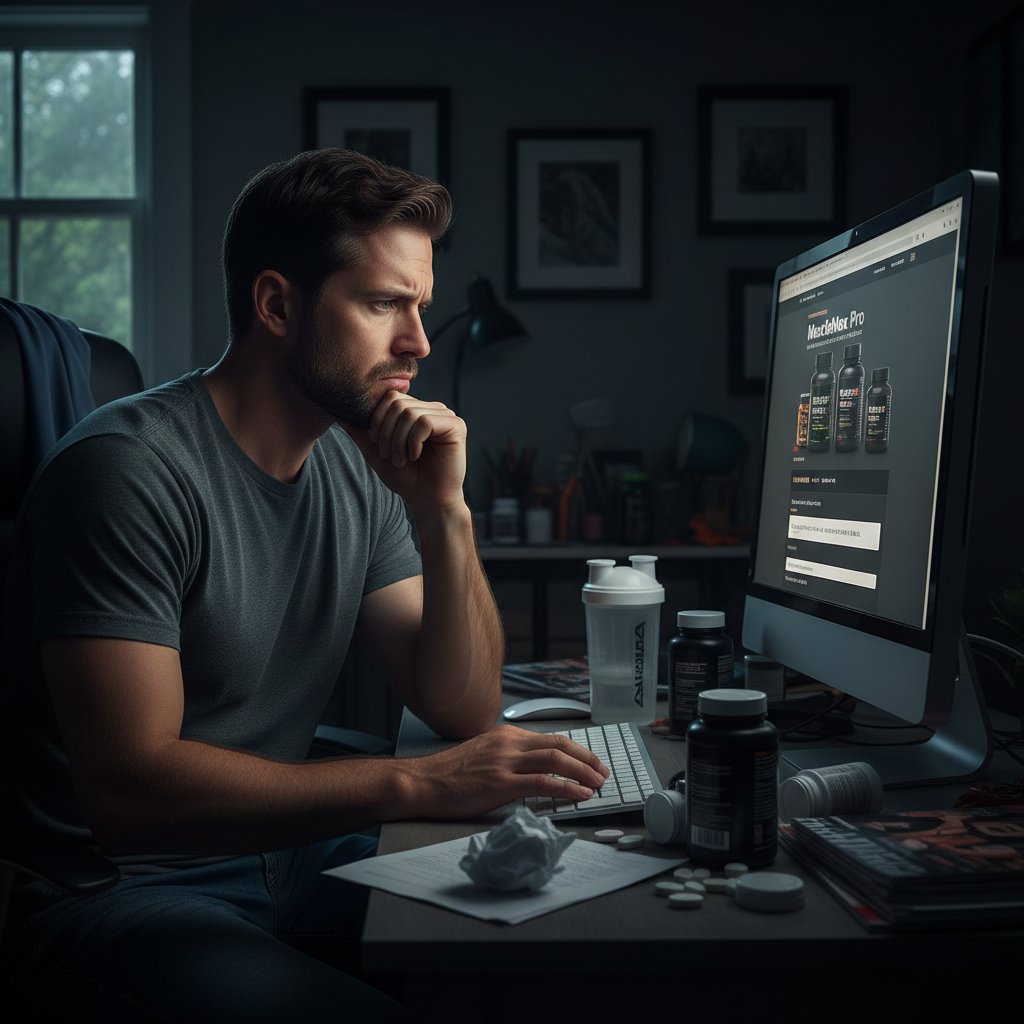 Mężczyzna siedzący przy komputerze, dzielący się opinią na forum o suplementach, z mieszanymi emocjami na twarzy