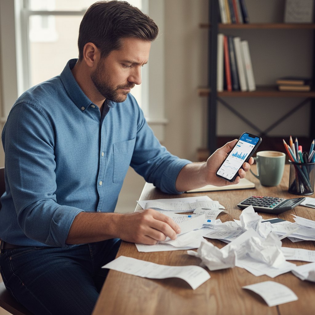 Mężczyzna siedzący przy biurku, otoczony paragonami i telefonem z aplikacją bankową – symbol psychologicznego ciężaru zarządzania finansami