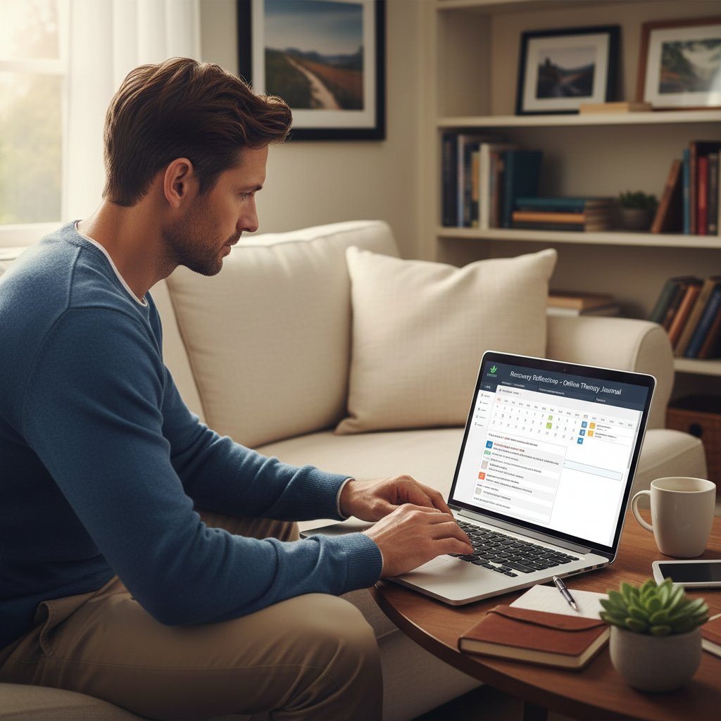 Mężczyzna siedzący z laptopem, uczestniczący w sesji terapeutycznej, z notatnikiem obok