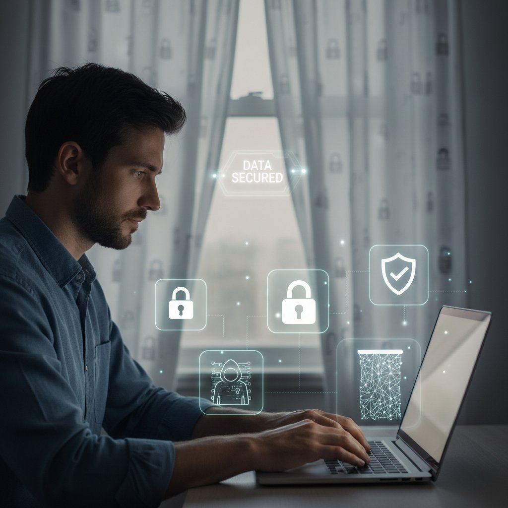 Mann sitzt an Laptop, Fenster mit Vorhängen, sichtbare Symbole für Datenschutz – symbolisiert Privatsphäre bei digitalen Chats