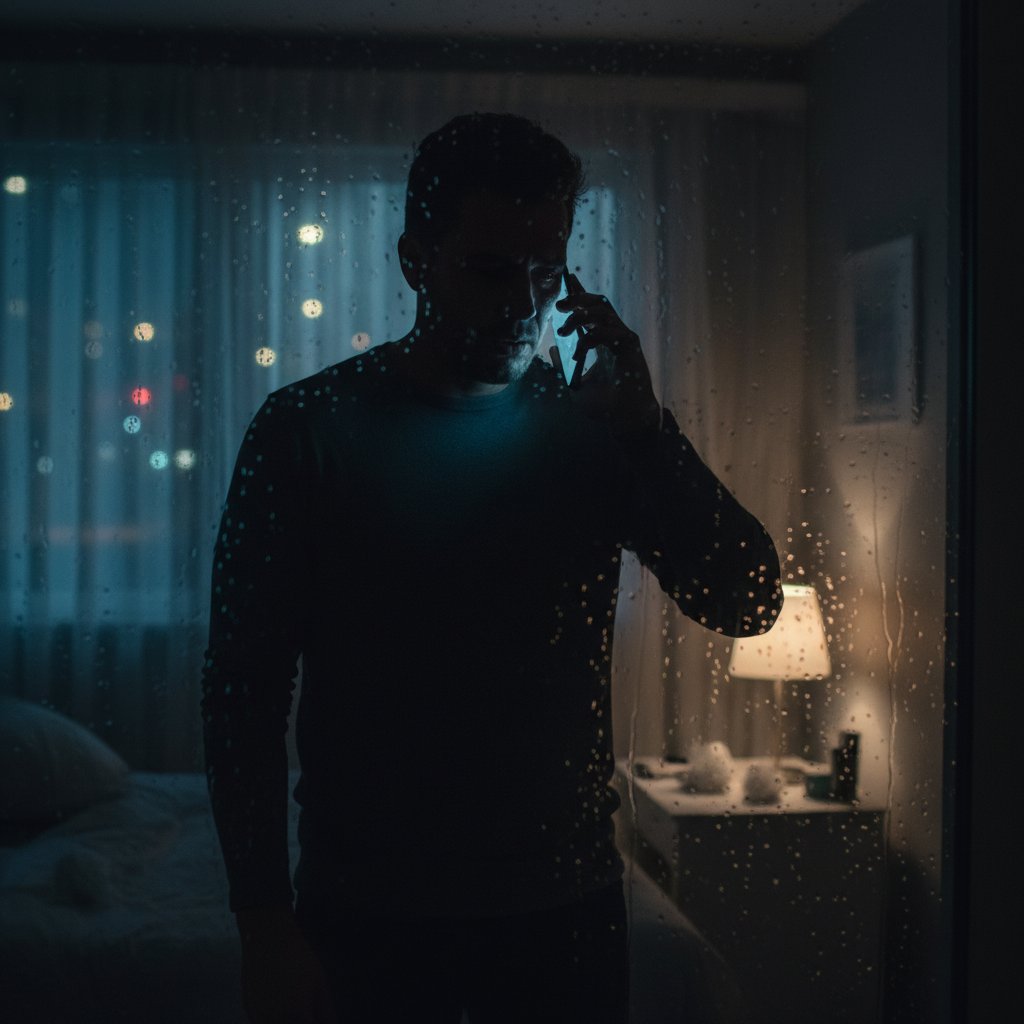 Mężczyzna przy oknie w nocy, rozmawia przez telefon, z wyraźnym smutkiem na twarzy