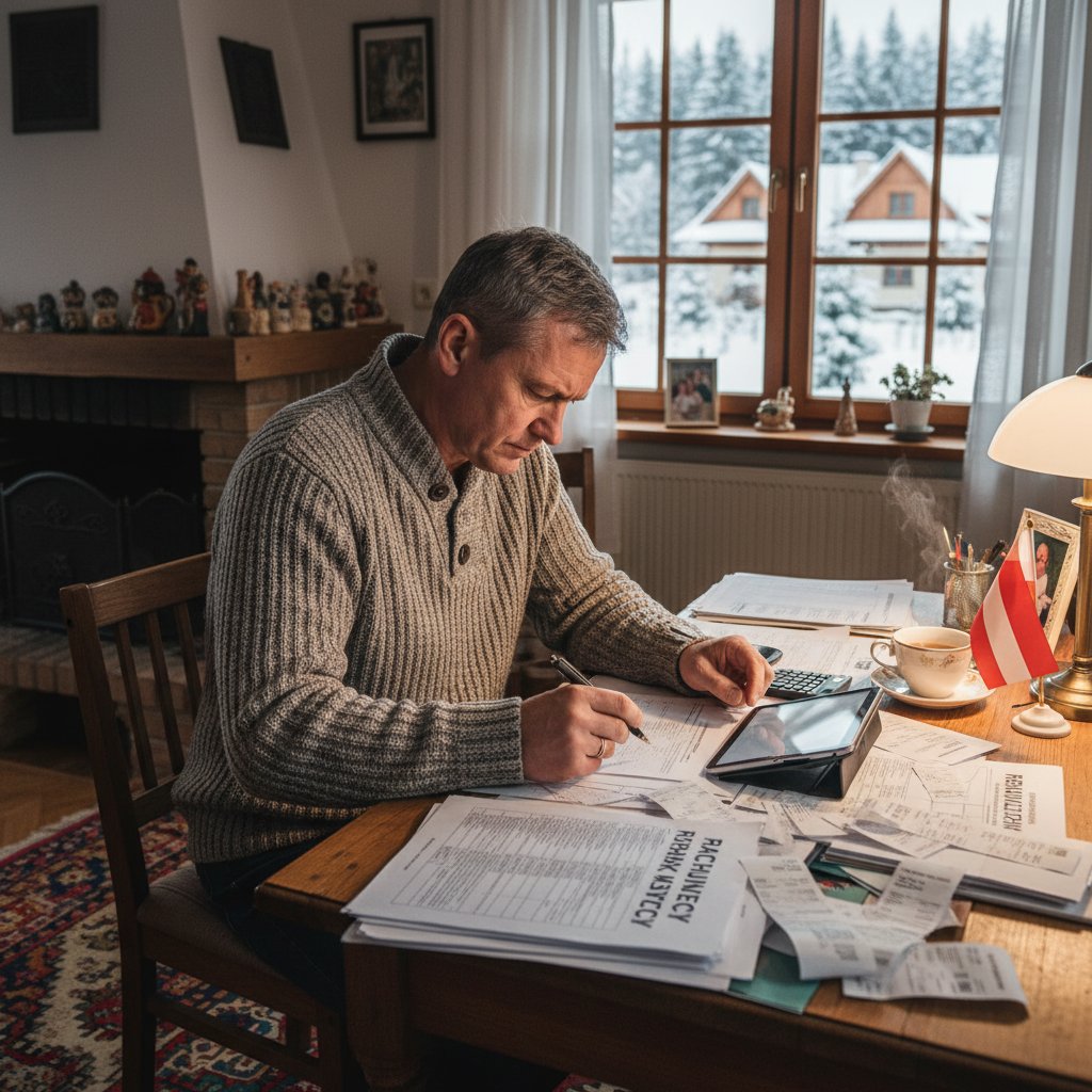 Mężczyzna analizujący faktury za leczenie, koszty terapii zwyrodnienia stawów