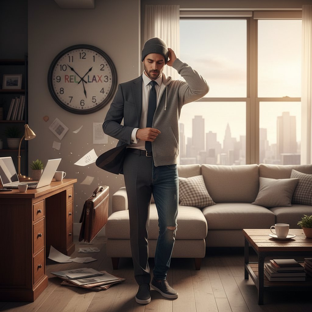 Mężczyzna zmieniający stylizacje z biznesowej na casualową, przemiana looku w domu