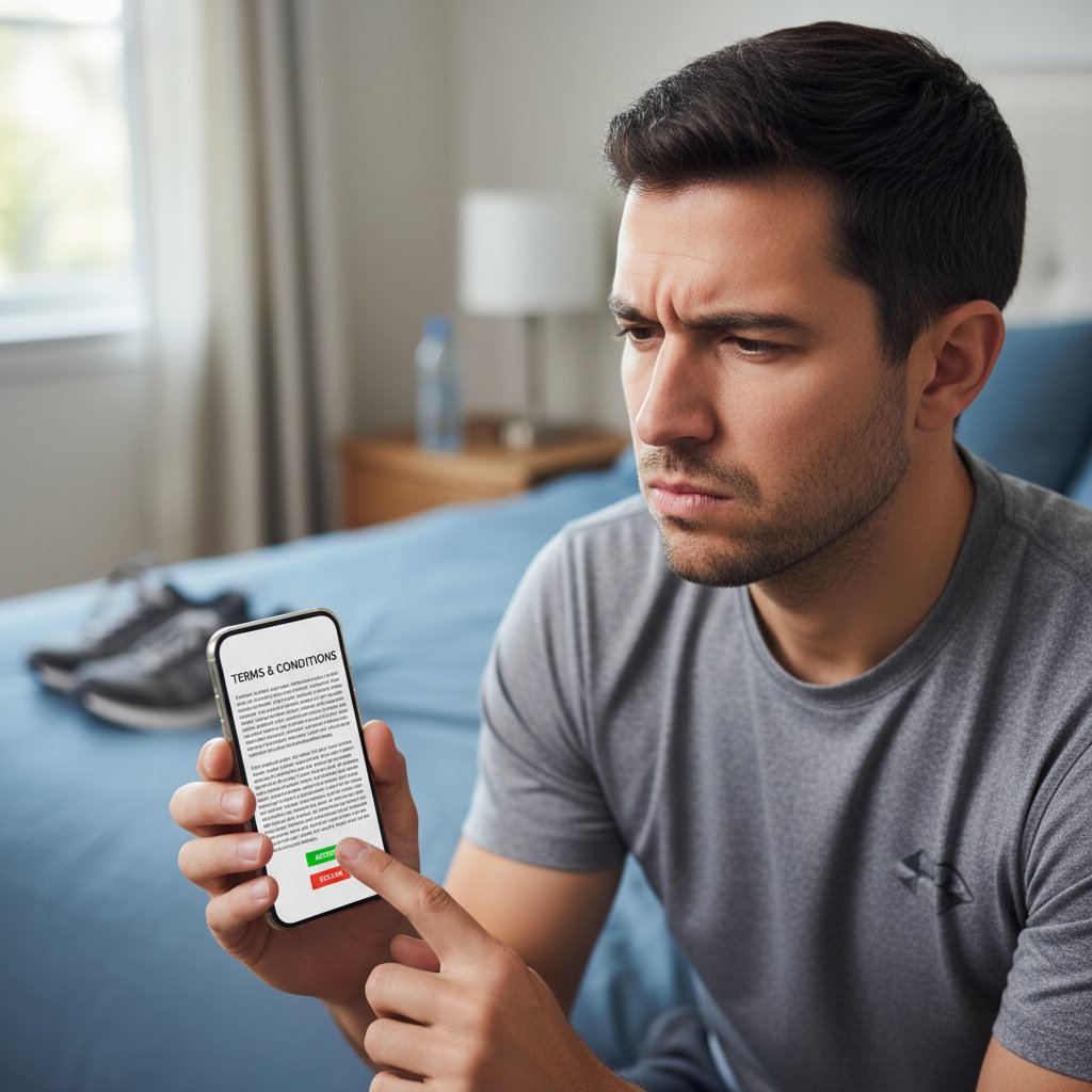 Mężczyzna sprawdzający warunki aplikacji fitness na smartfonie, wyraźne skupienie i niepewność