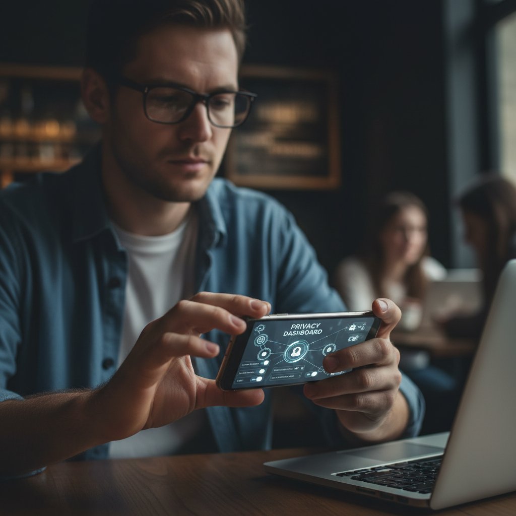 Mężczyzna sprawdzający ustawienia prywatności na smartfonie