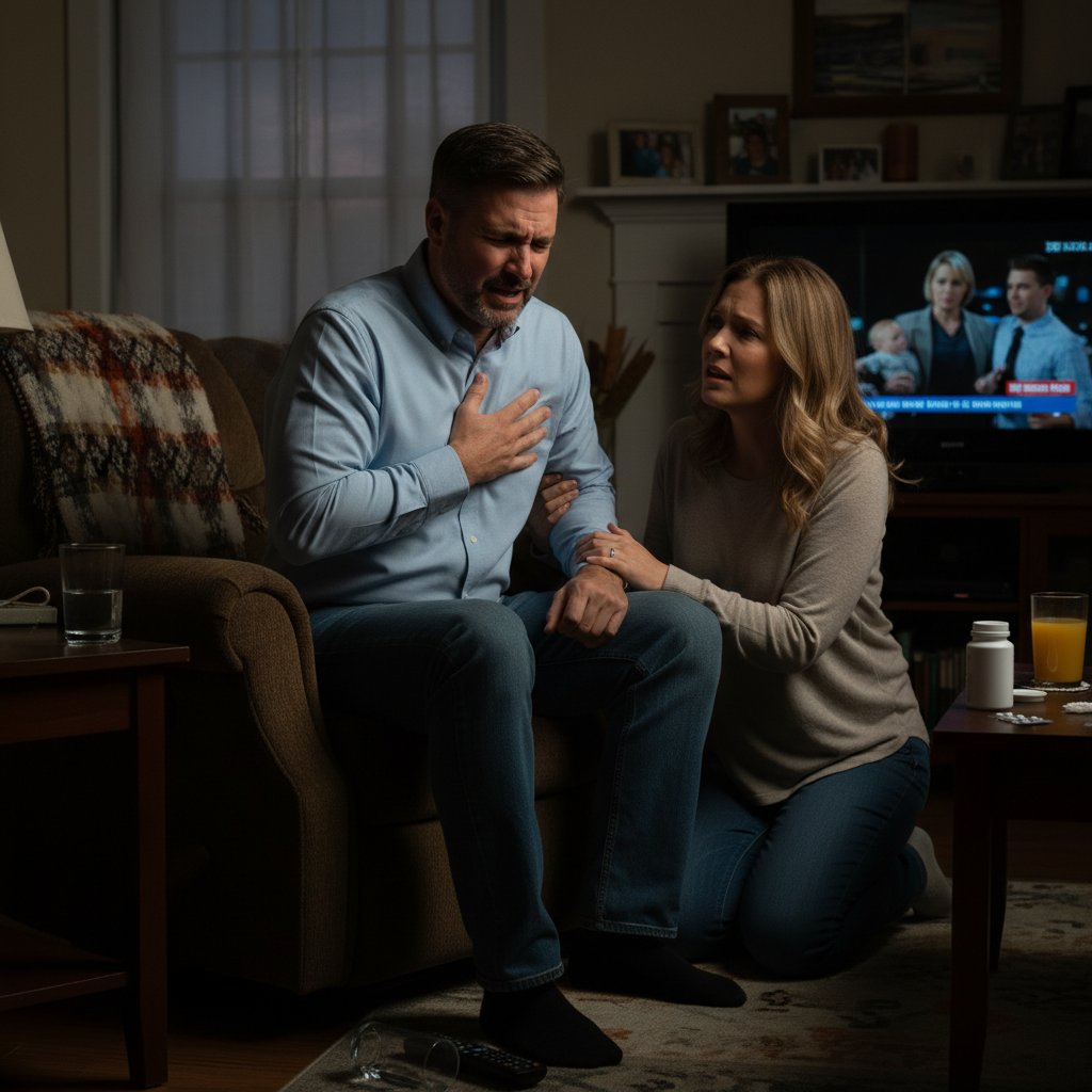 Mężczyzna trzymający się za klatkę piersiową, wyraźny niepokój, domowe otoczenie