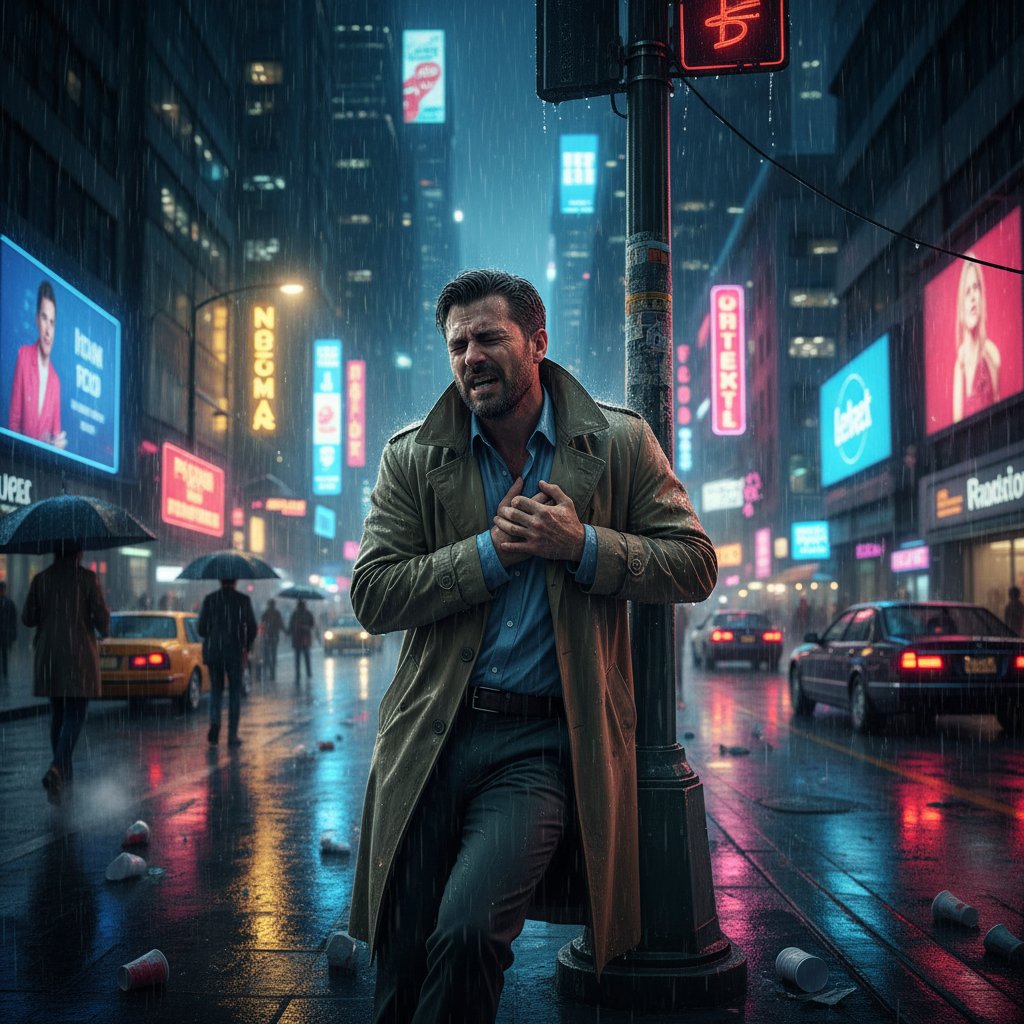 Mężczyzna odczuwający dyskomfort w klatce piersiowej na ulicy nocą