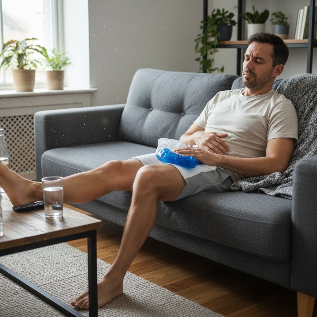 Regeneracja mięśni: mężczyzna stosujący zimny okład na udo w domu
